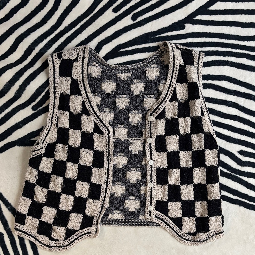 Black and Cream Checkered Crochet Vest